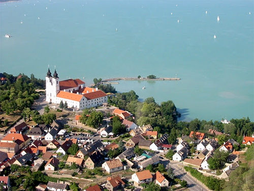 Air Cruise from Budapest. Flight over Lake Balaton. famous Tihany Abbey